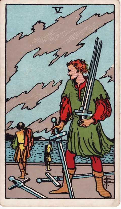Карта Таро Пятёрка Мечей, колода Райдера–Уэйта